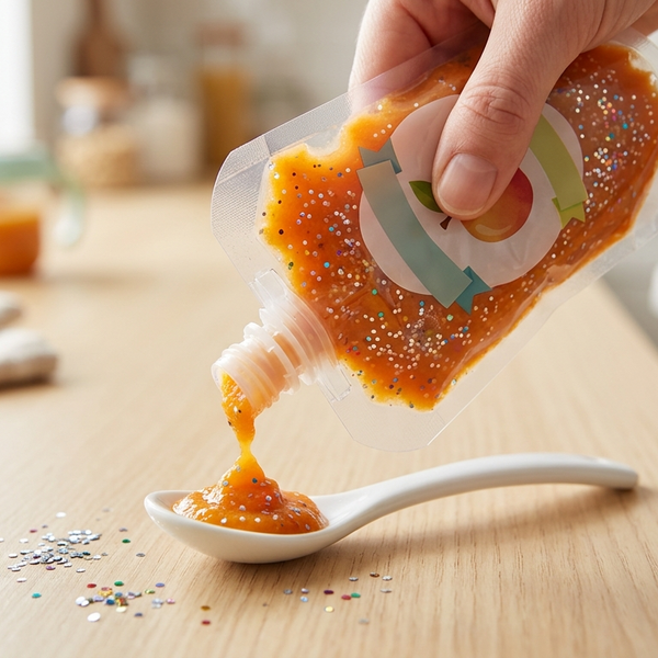 Food being poured over spoon with microplastic glitter.